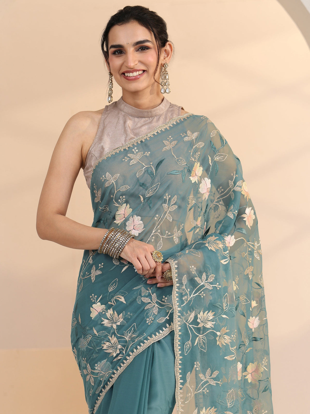 Anouk Dusty Blue Floral Embroidered Chiffon Saree