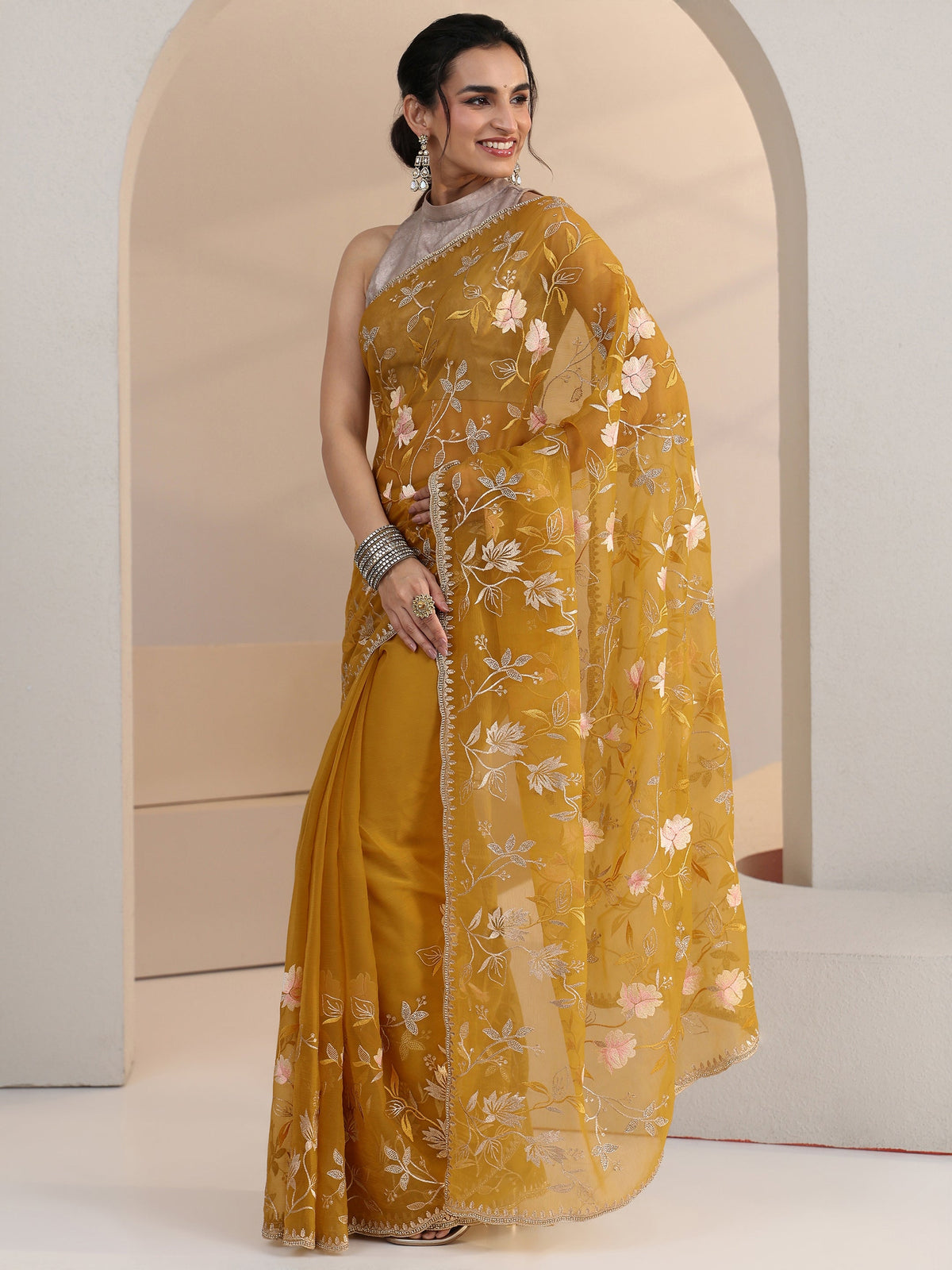 Anouk Mustard Floral Embroidered Chiffon Saree
