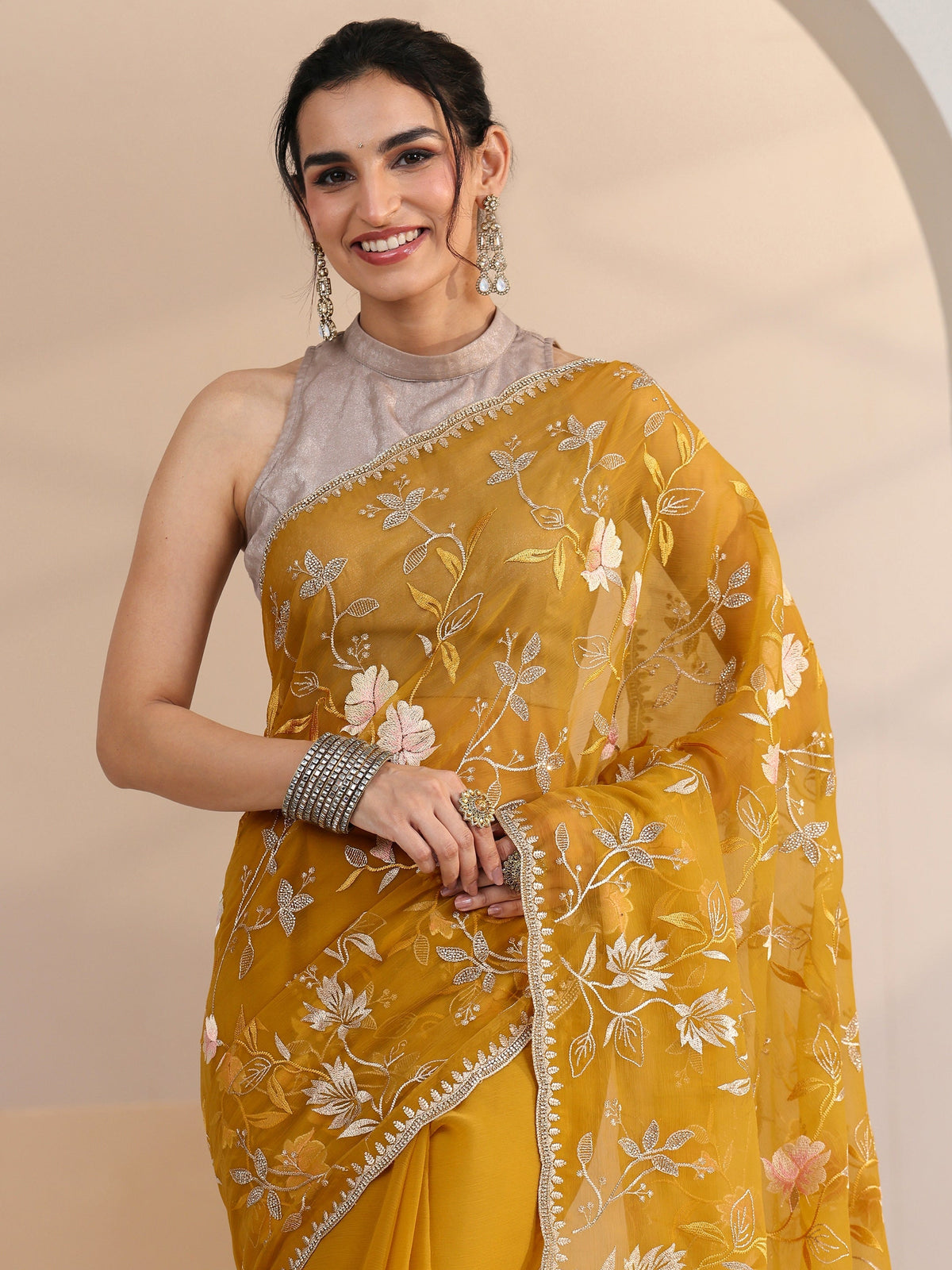 Anouk Mustard Floral Embroidered Chiffon Saree