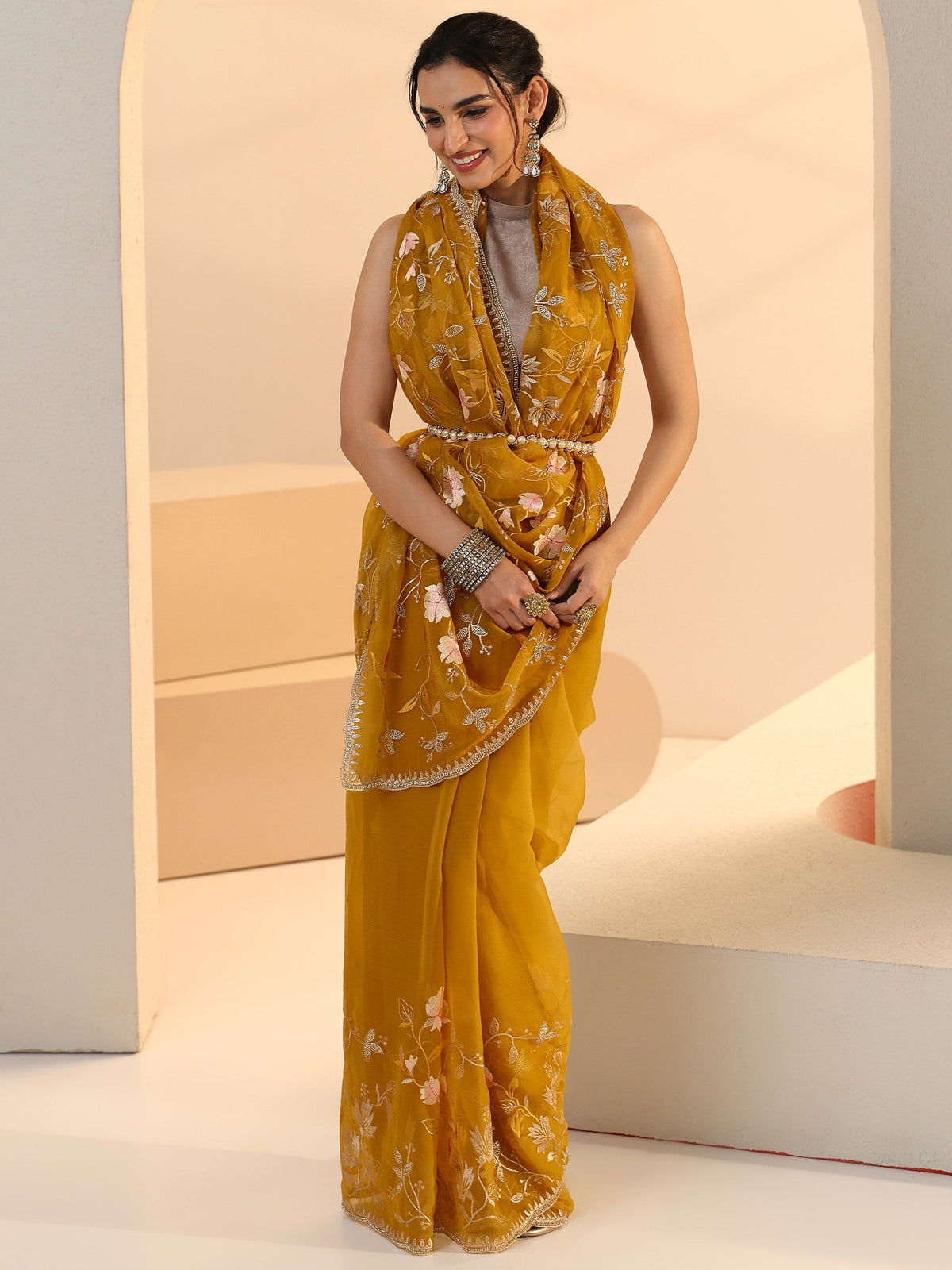 Anouk Mustard Floral Embroidered Chiffon Saree