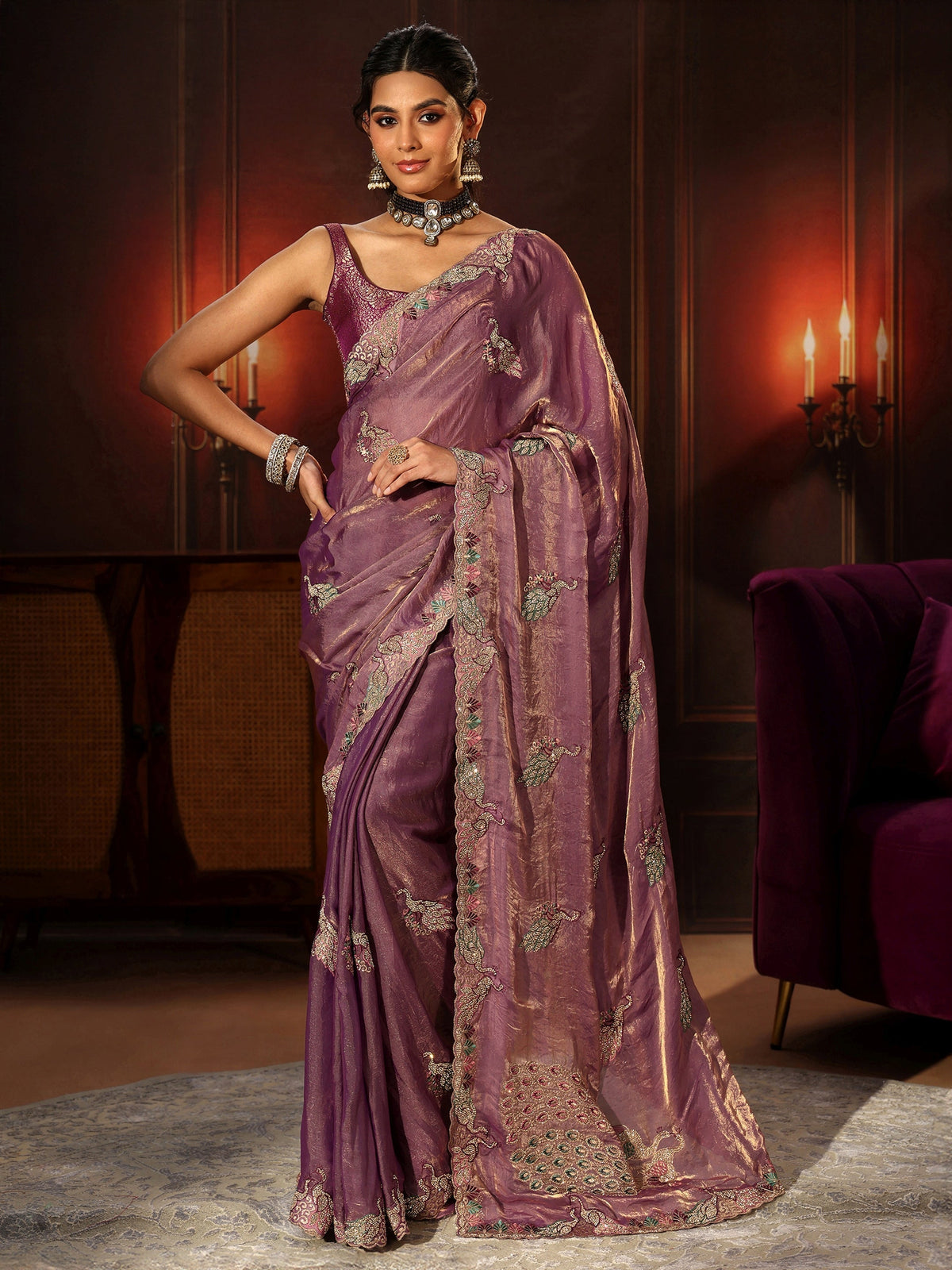 Anouk Lavender Peacock Embellished Tissue Saree