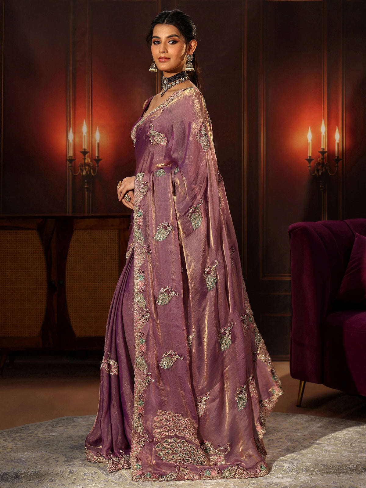 Anouk Lavender Peacock Embellished Tissue Saree