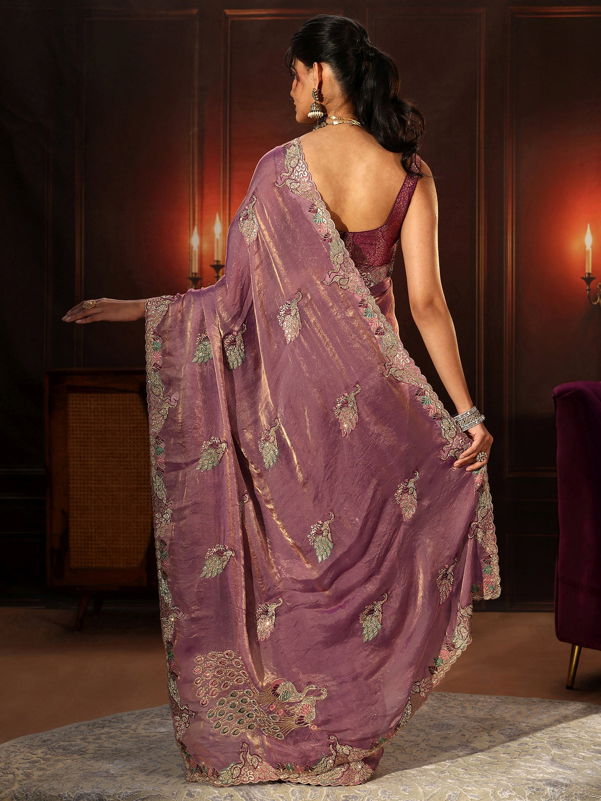 Anouk Lavender Peacock Embellished Tissue Saree