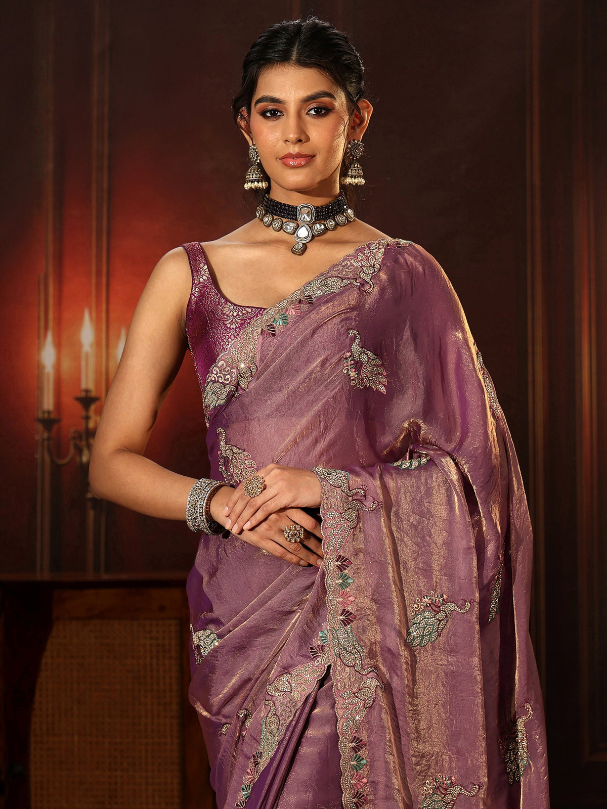 Anouk Lavender Peacock Embellished Tissue Saree