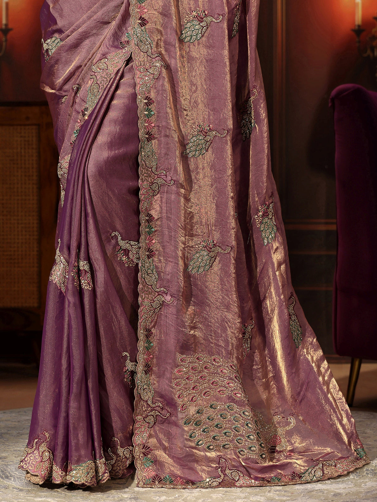 Anouk Lavender Peacock Embellished Tissue Saree