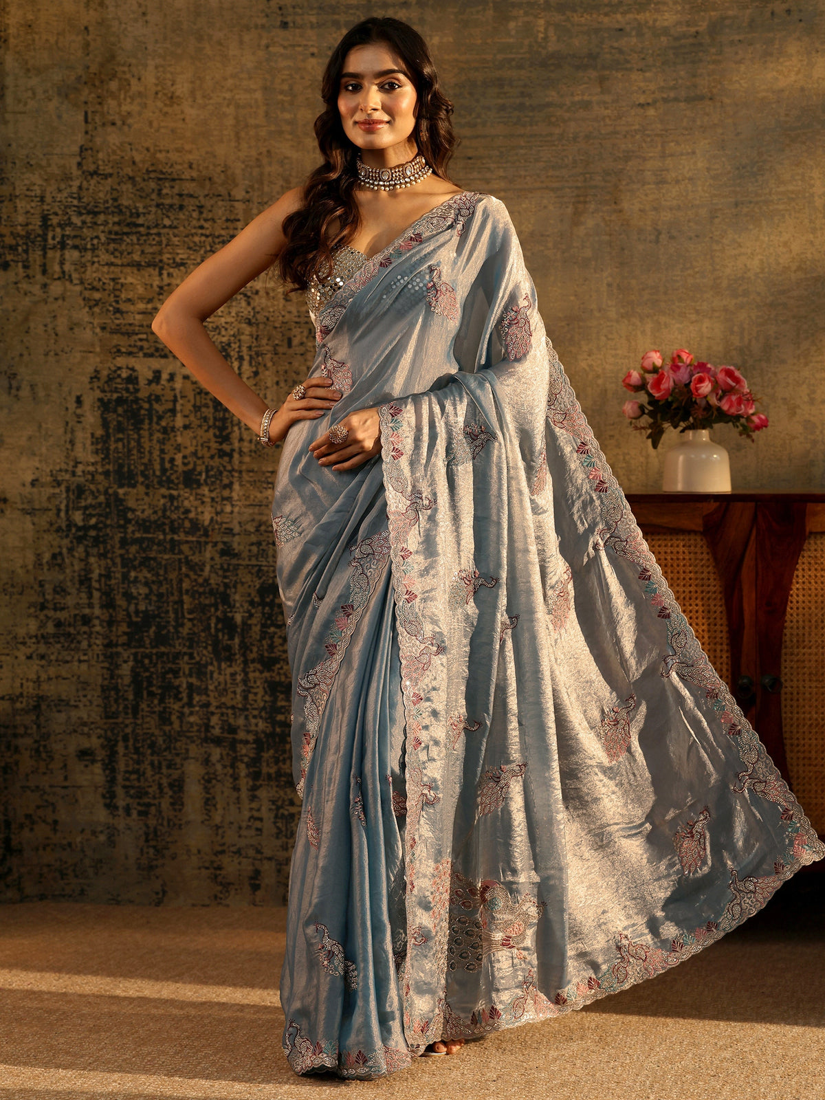 Anouk Dusty Blue Peacock Embellished Tissue Saree