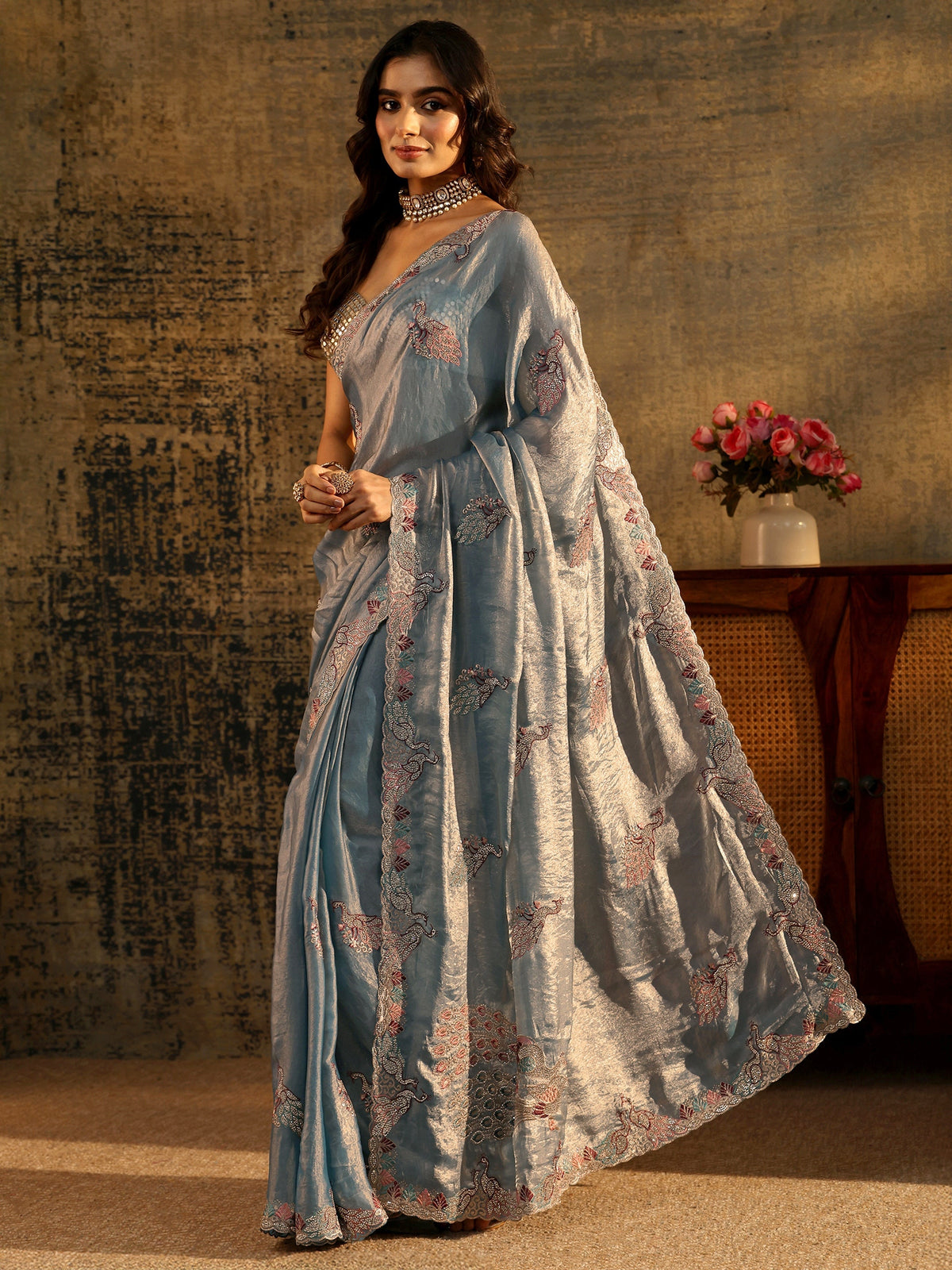 Anouk Dusty Blue Peacock Embellished Tissue Saree