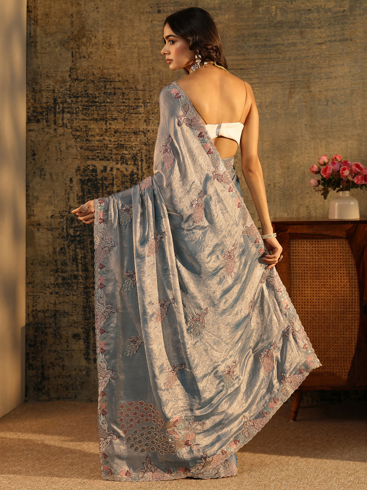 Anouk Dusty Blue Peacock Embellished Tissue Saree