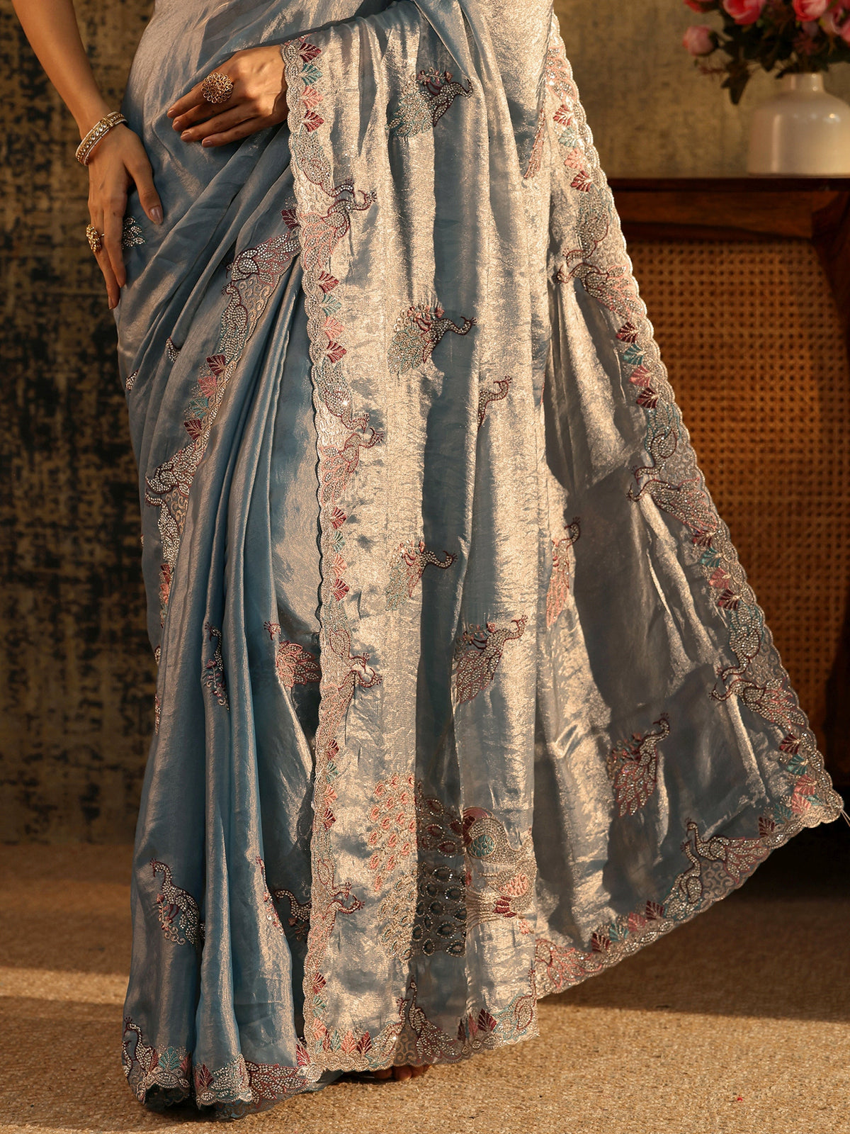 Anouk Dusty Blue Peacock Embellished Tissue Saree
