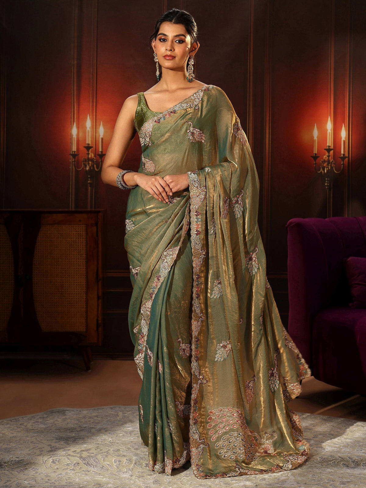 Anouk Sage Green Peacock Embellished Tissue Saree