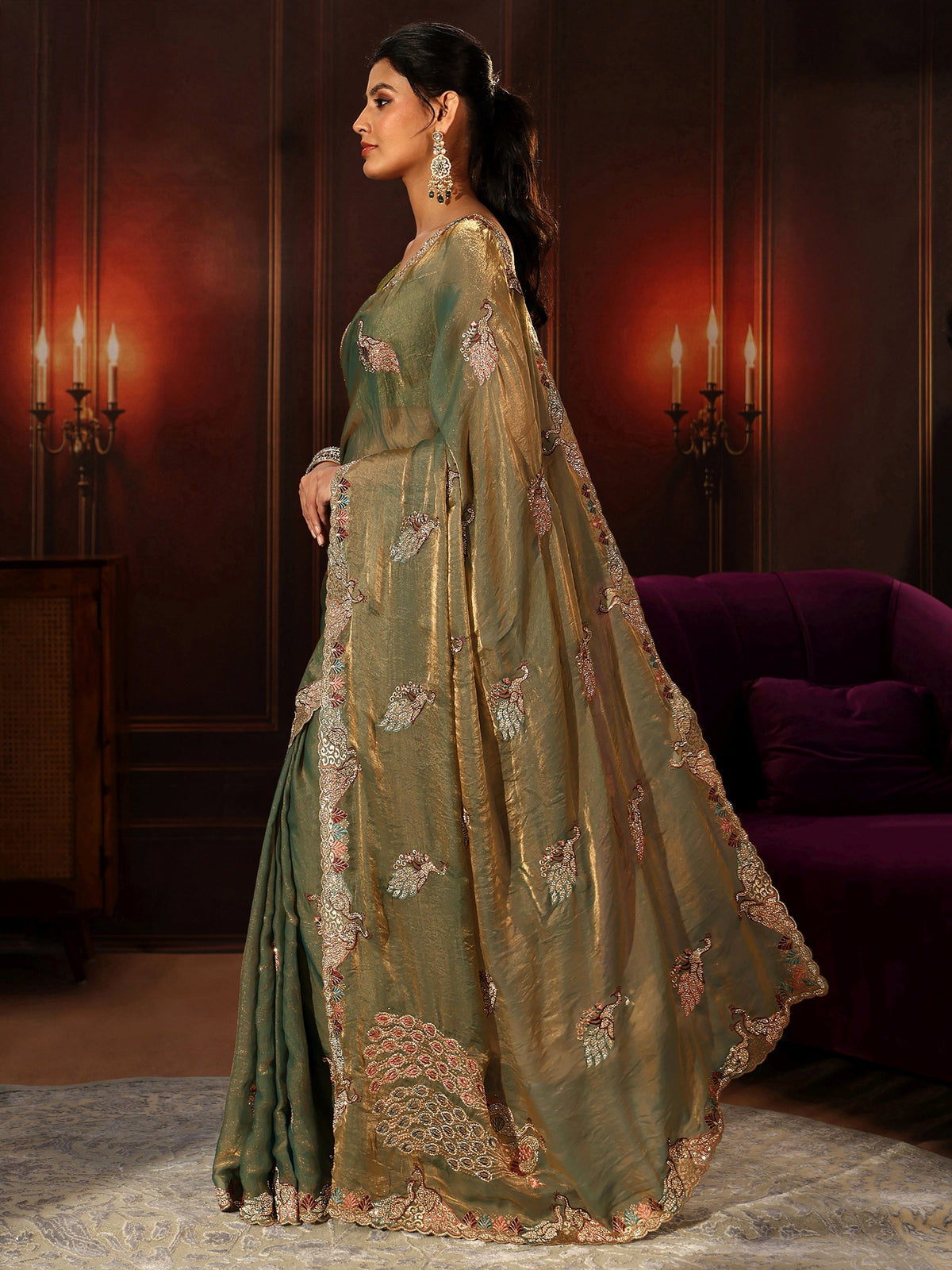 Anouk Sage Green Peacock Embellished Tissue Saree