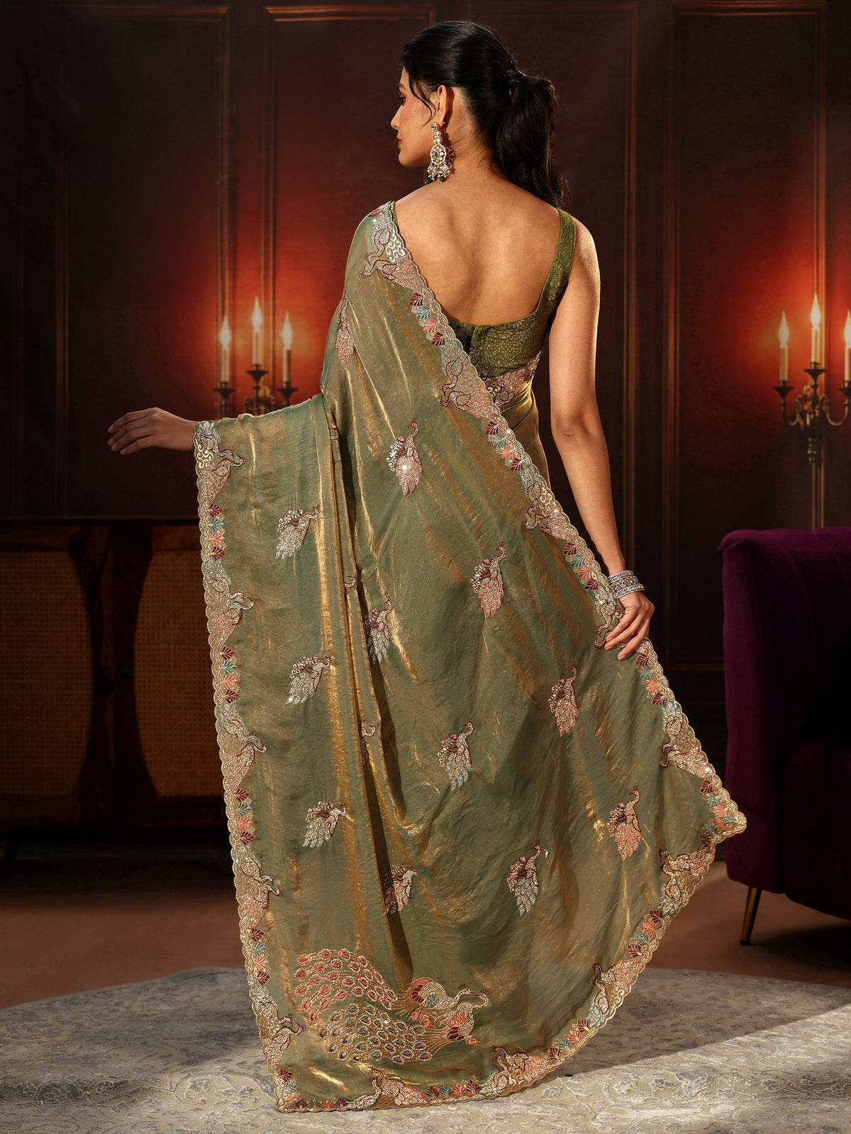 Anouk Sage Green Peacock Embellished Tissue Saree