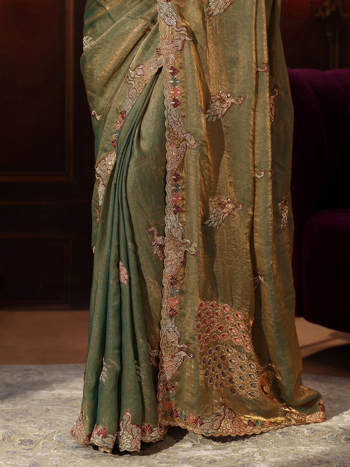 Anouk Sage Green Peacock Embellished Tissue Saree