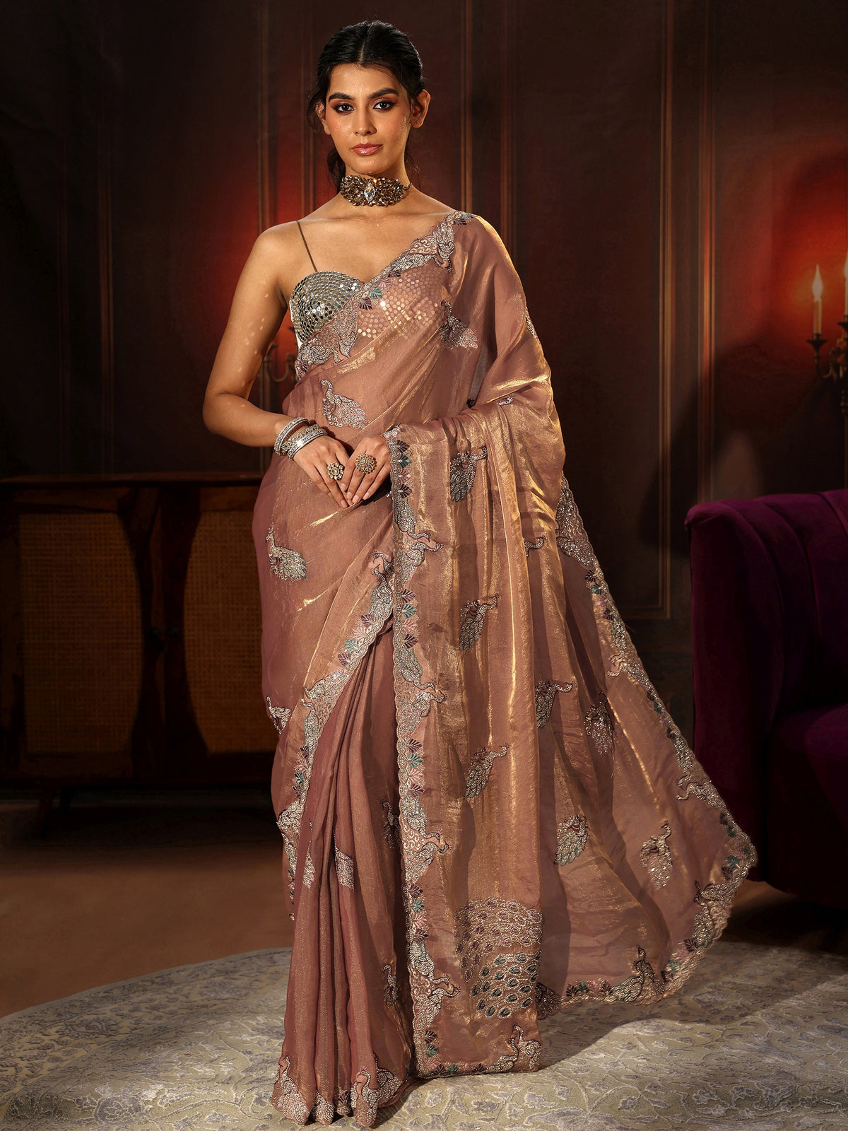 Anouk Peach Pink Peacock Embellished Tissue Saree