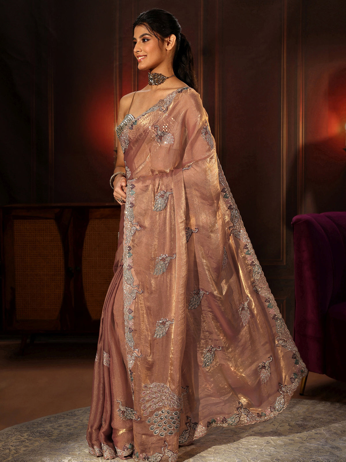 Anouk Peach Pink Peacock Embellished Tissue Saree