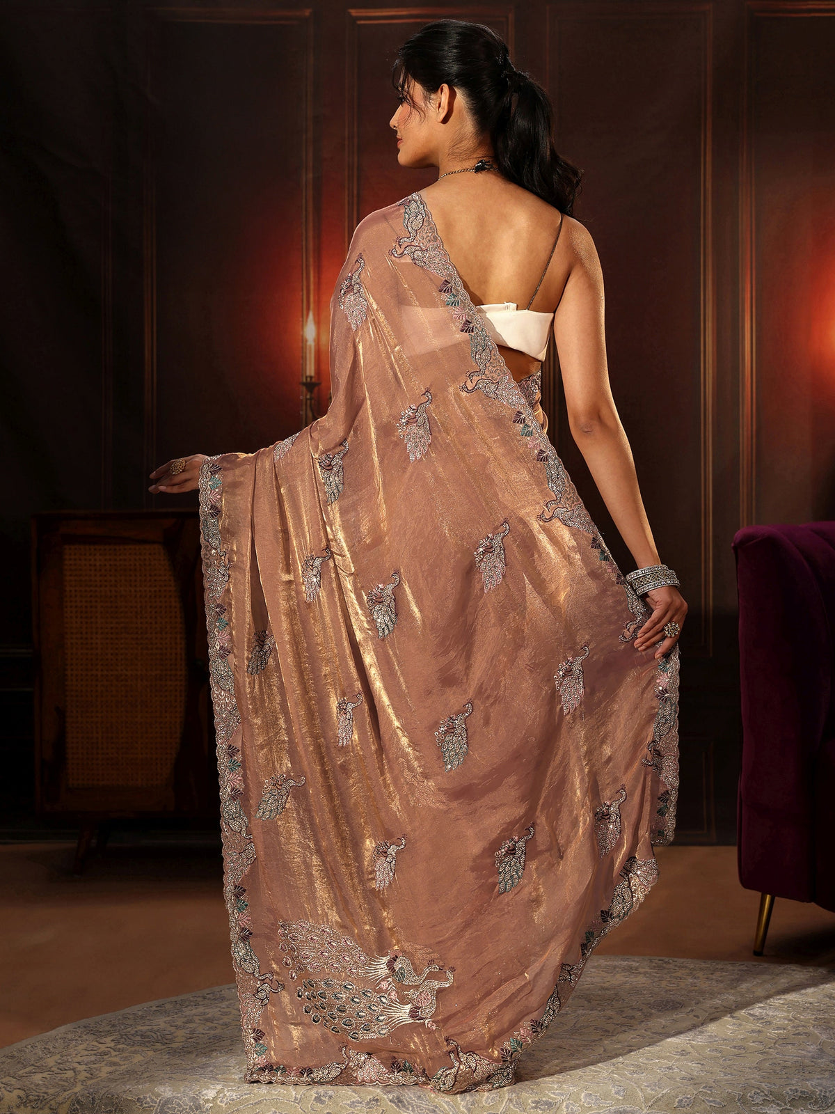 Anouk Peach Pink Peacock Embellished Tissue Saree