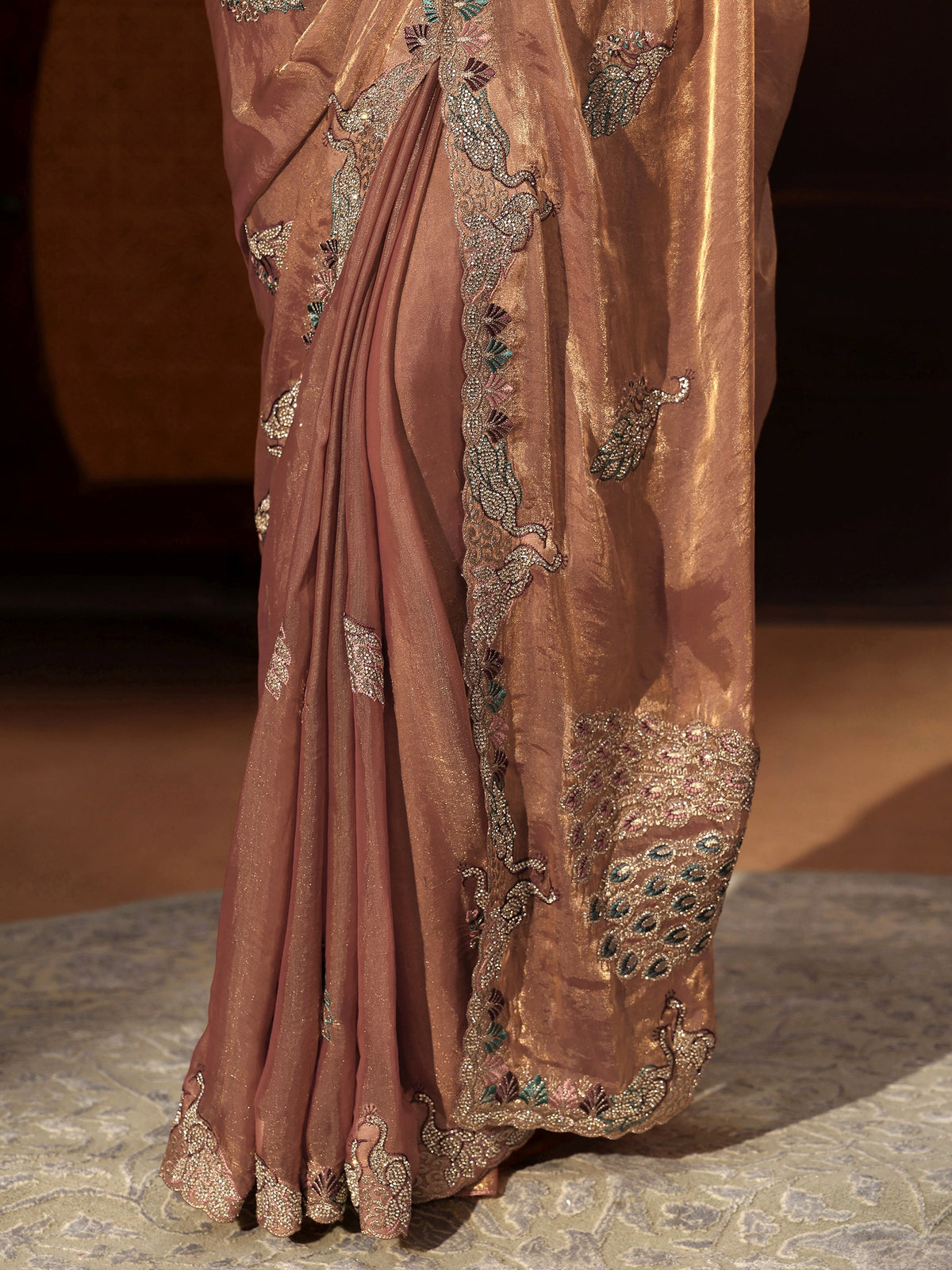 Anouk Peach Pink Peacock Embellished Tissue Saree