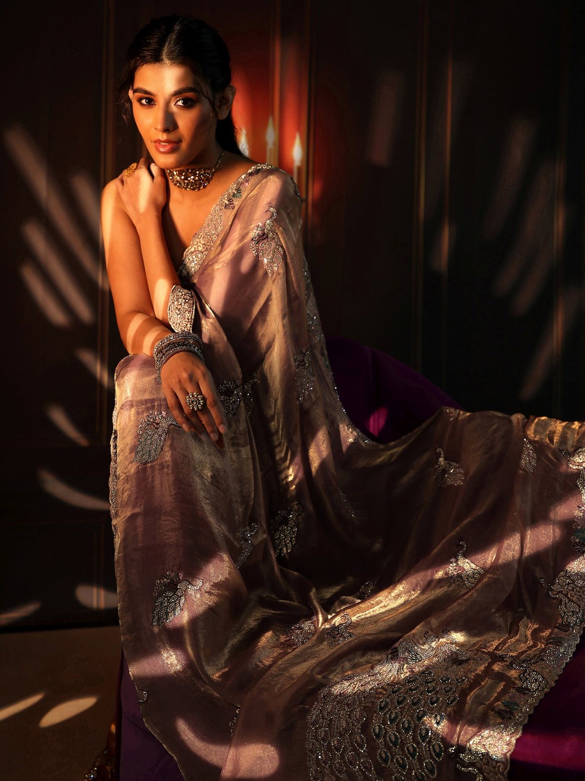Anouk Peach Pink Peacock Embellished Tissue Saree