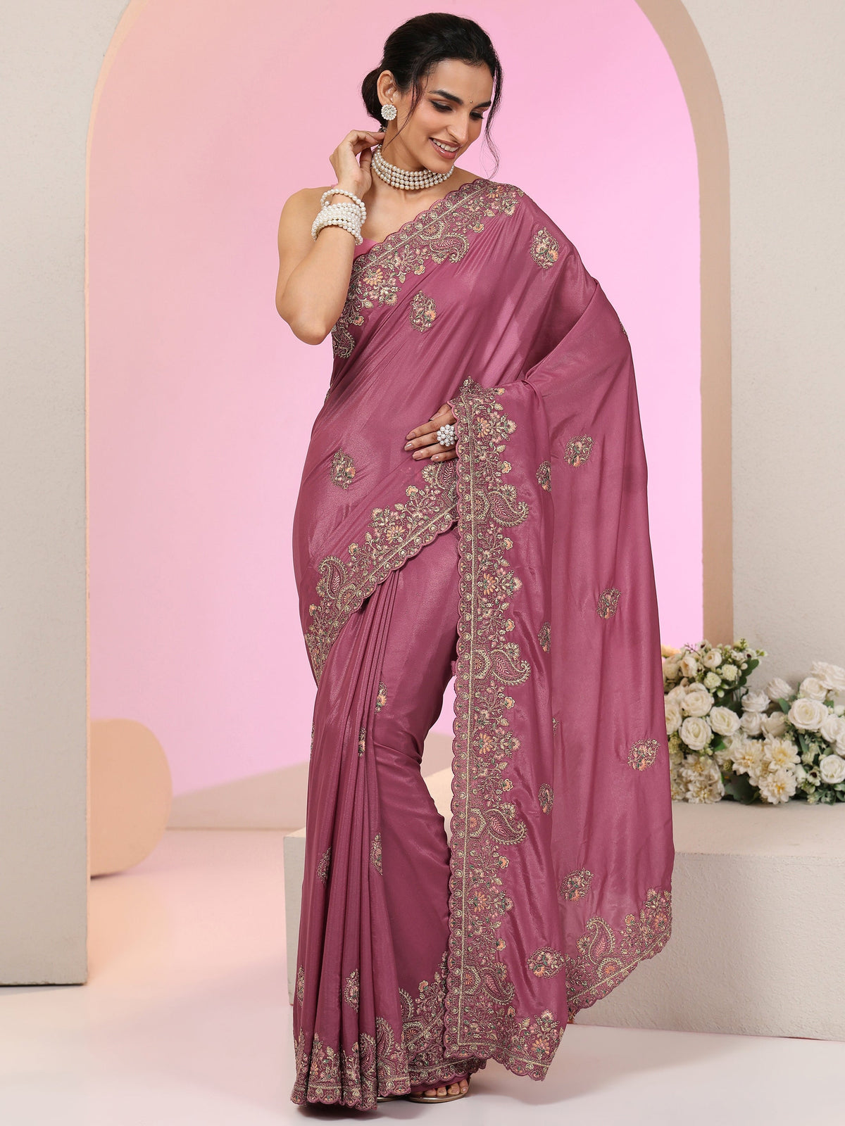 Anouk Mauve Embroidered Satin Saree