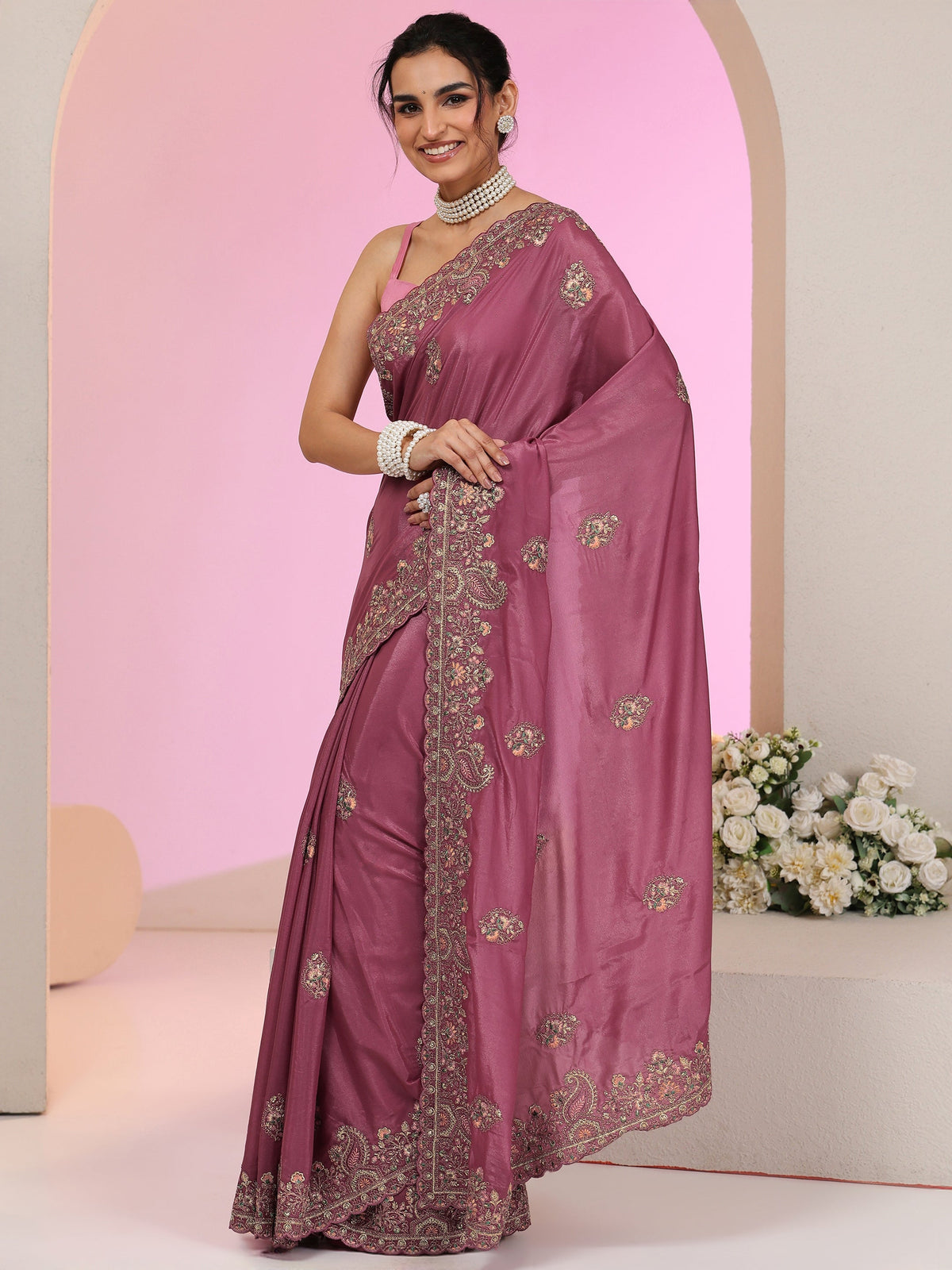 Anouk Mauve Embroidered Satin Saree