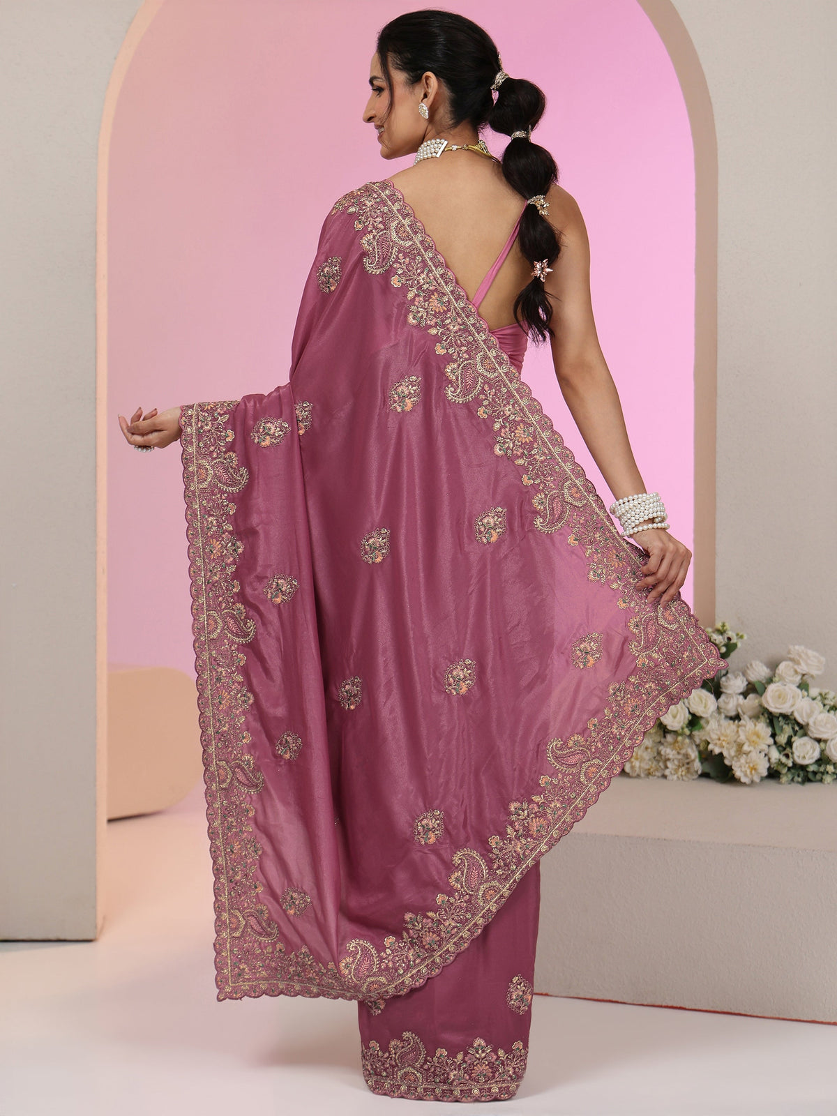 Anouk Mauve Embroidered Satin Saree