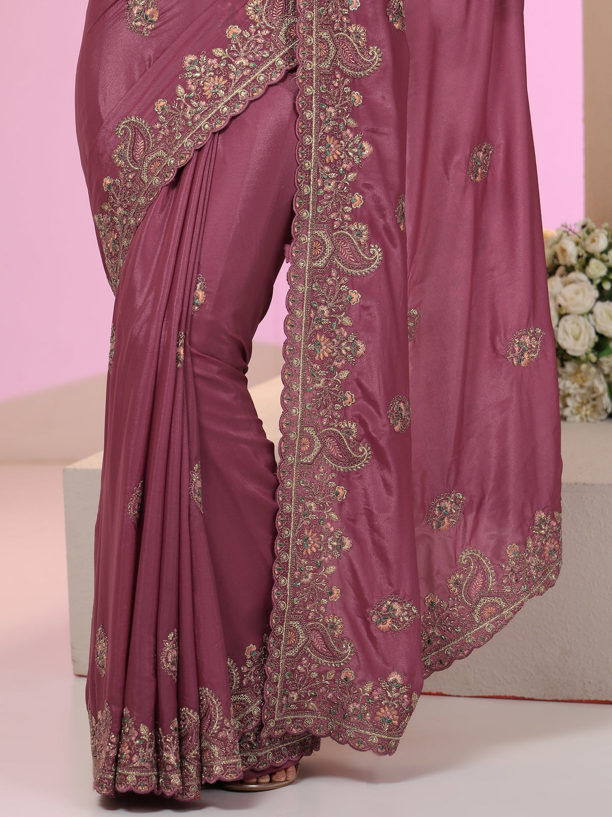 Anouk Mauve Embroidered Satin Saree
