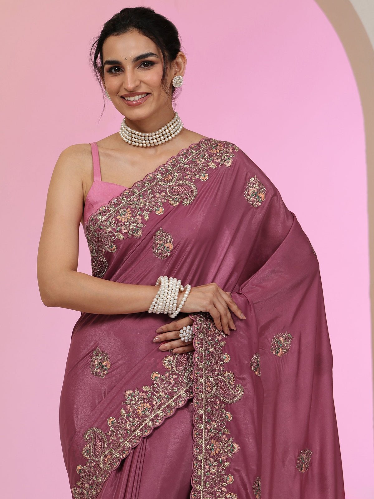 Anouk Mauve Embroidered Satin Saree