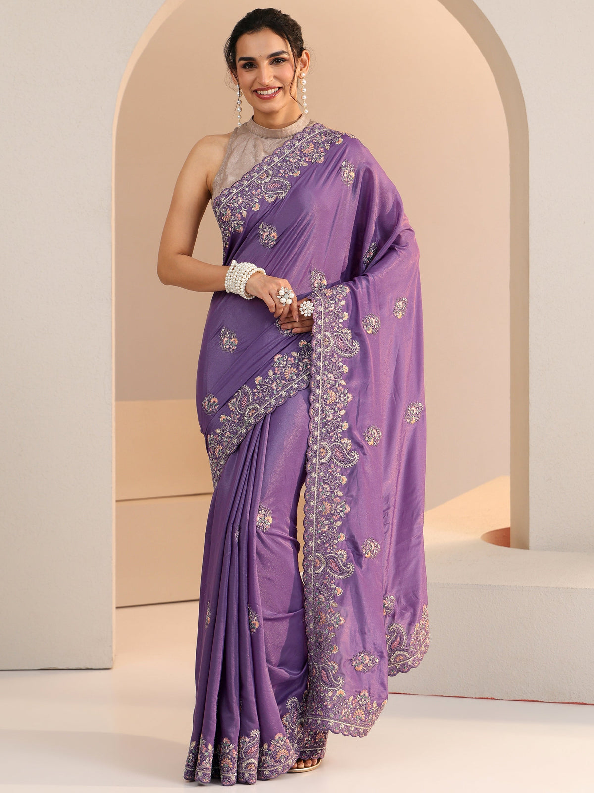 Anouk Purple Embroidered Satin Saree
