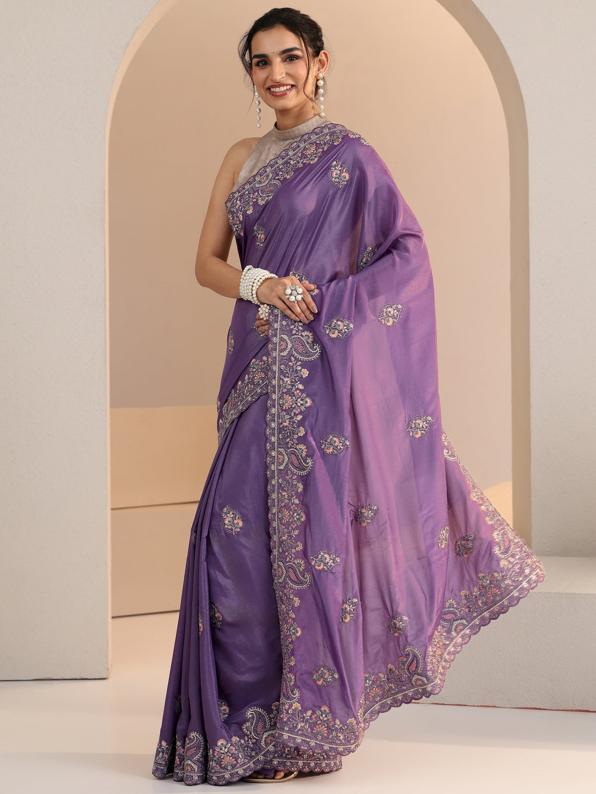 Anouk Purple Embroidered Satin Saree