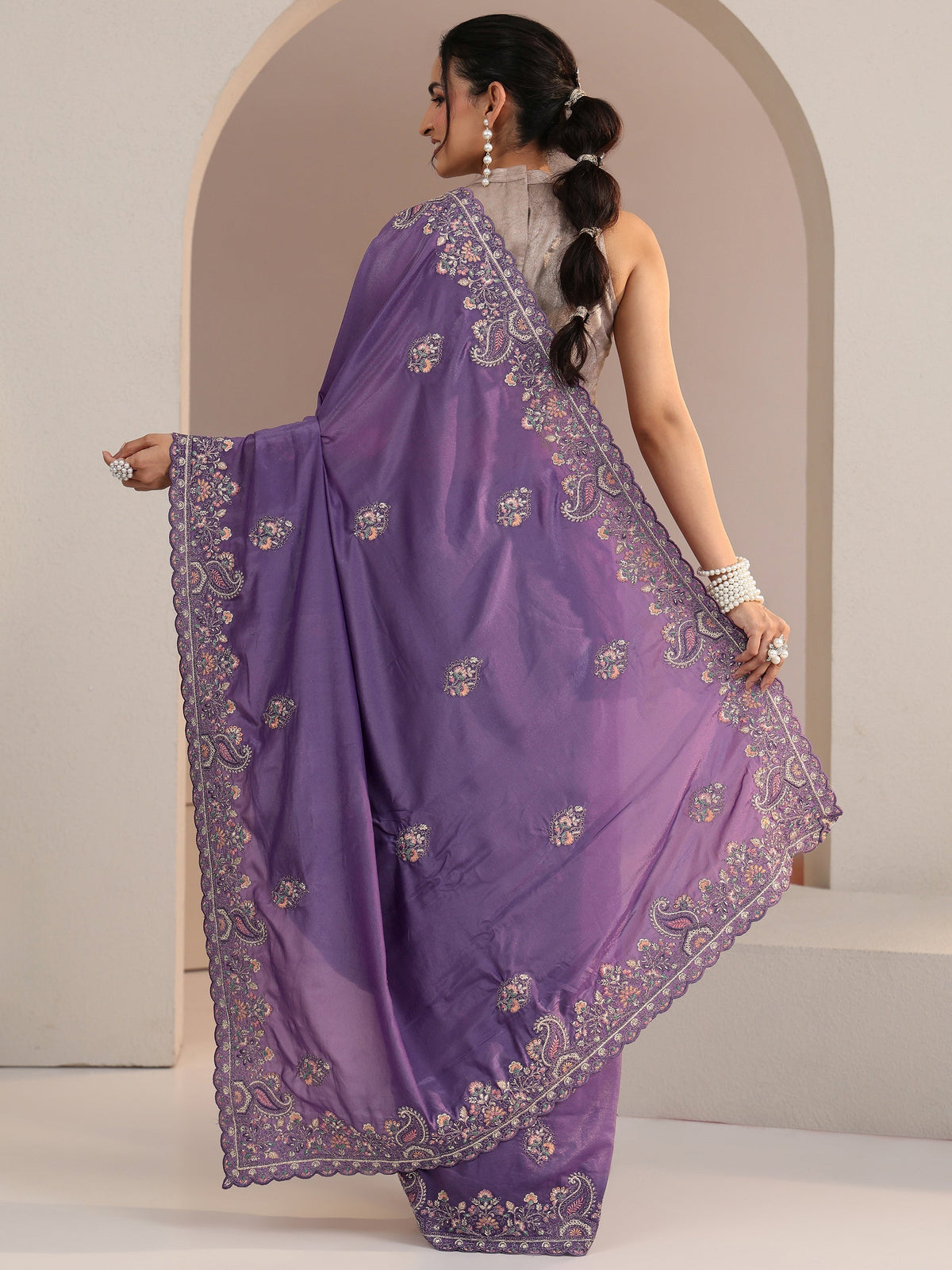 Anouk Purple Embroidered Satin Saree
