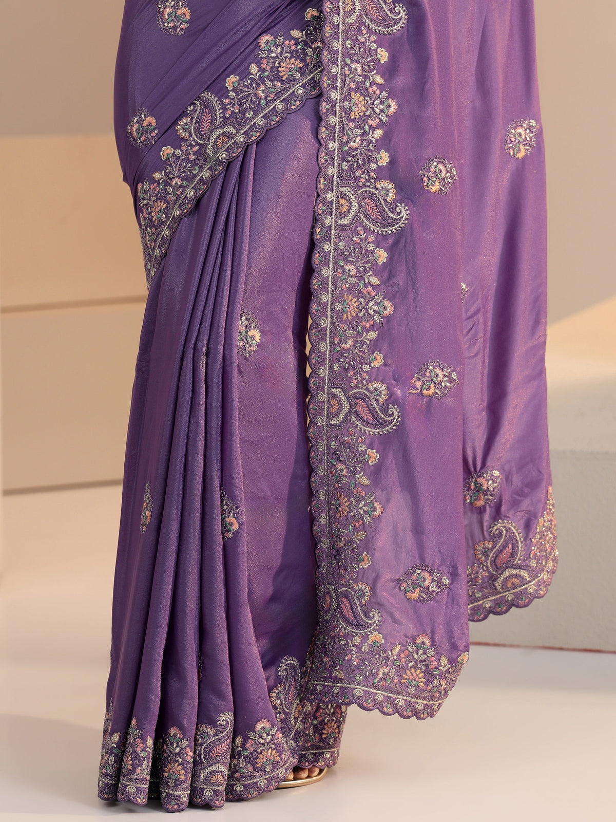 Anouk Purple Embroidered Satin Saree