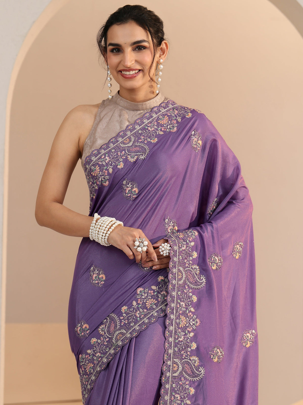 Anouk Purple Embroidered Satin Saree