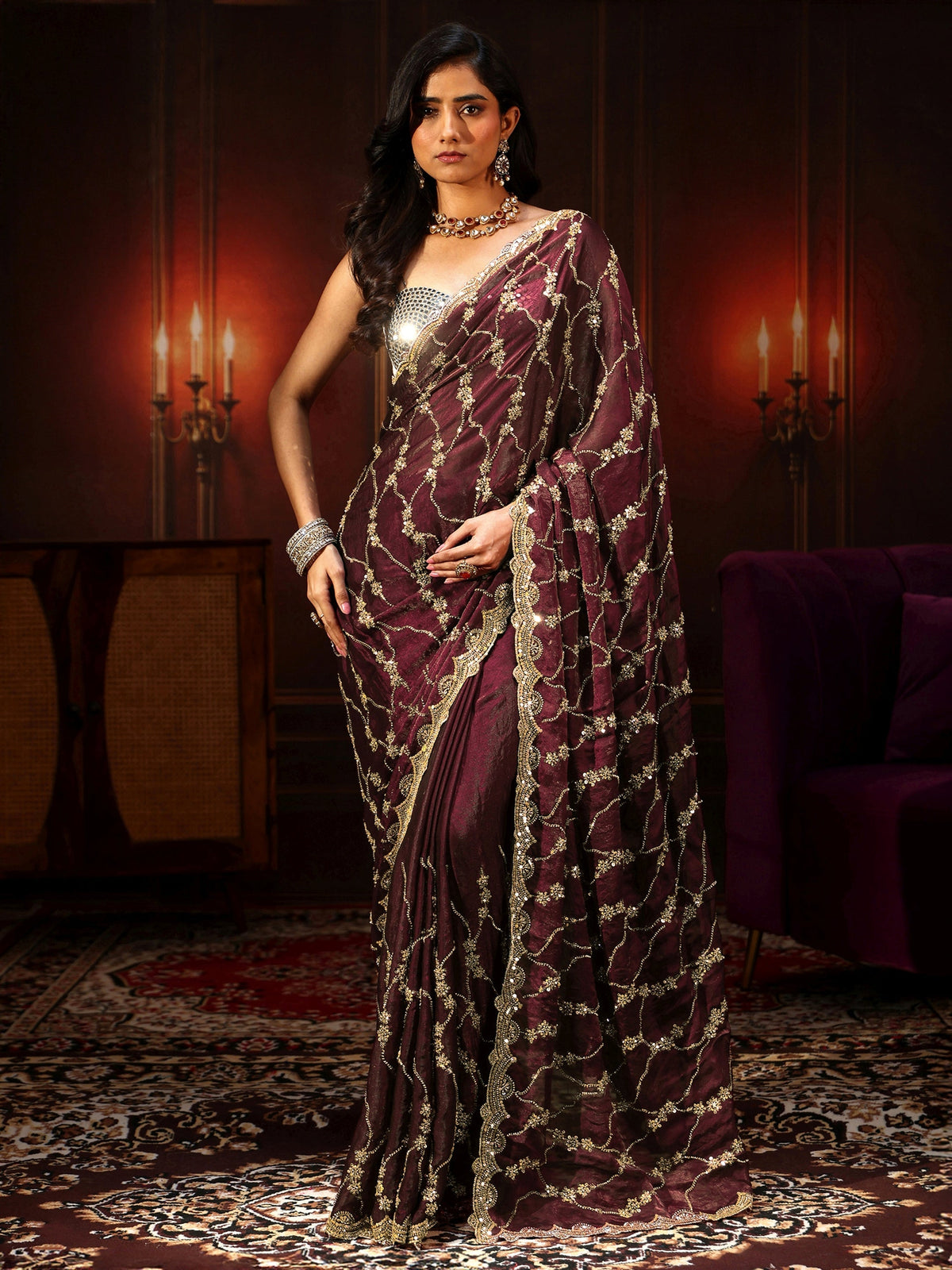 Anouk Art Maroon Embellished Tissue Saree