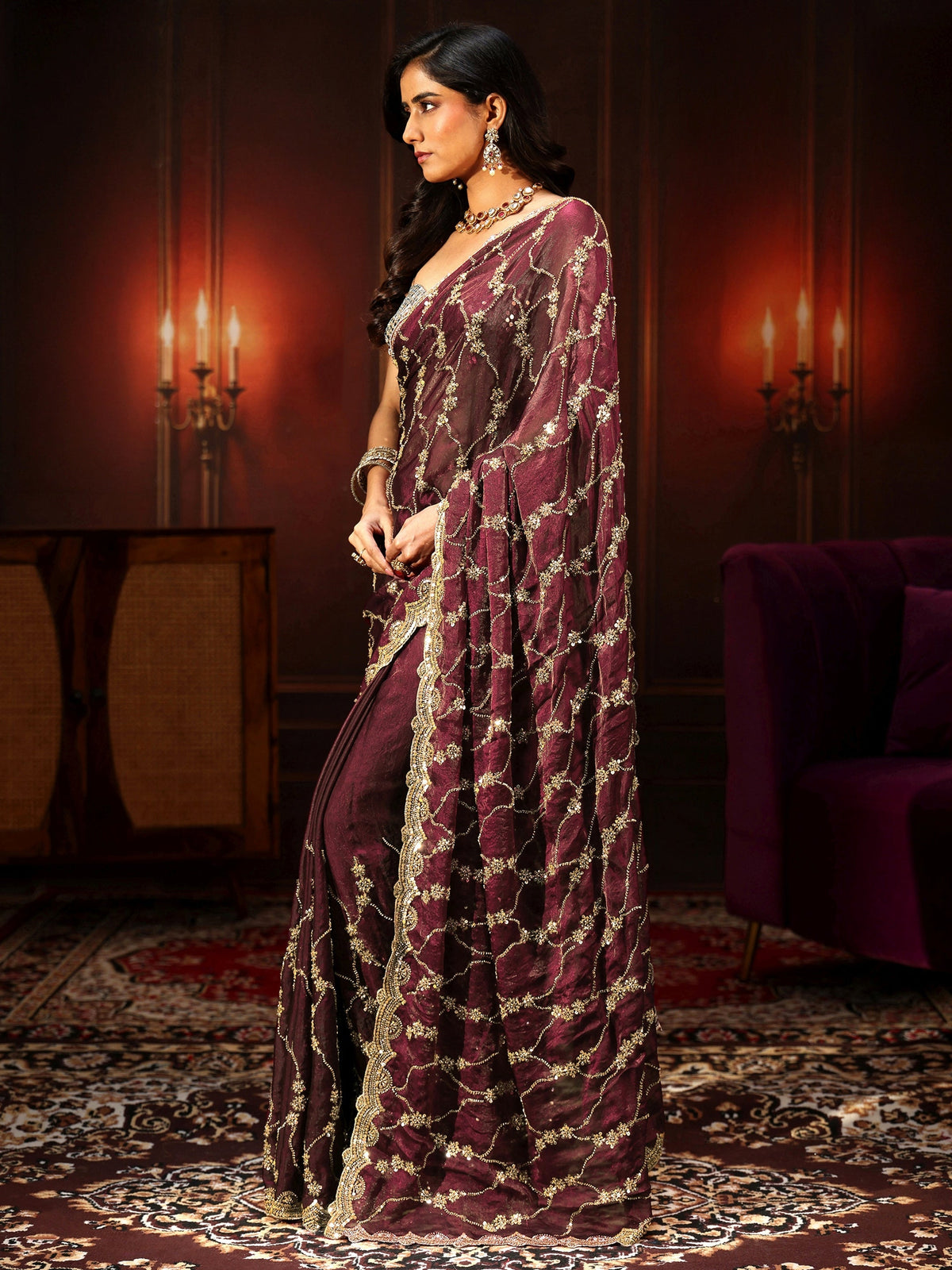 Anouk Art Maroon Embellished Tissue Saree
