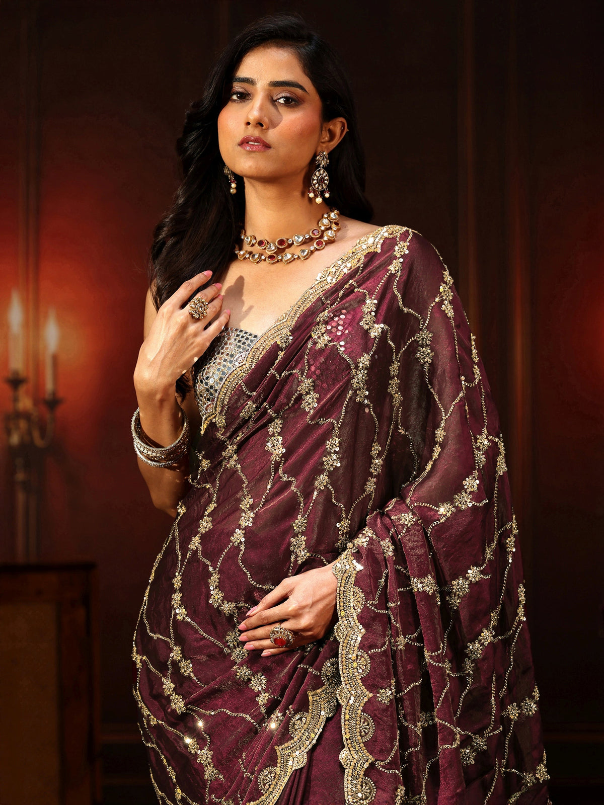 Anouk Art Maroon Embellished Tissue Saree
