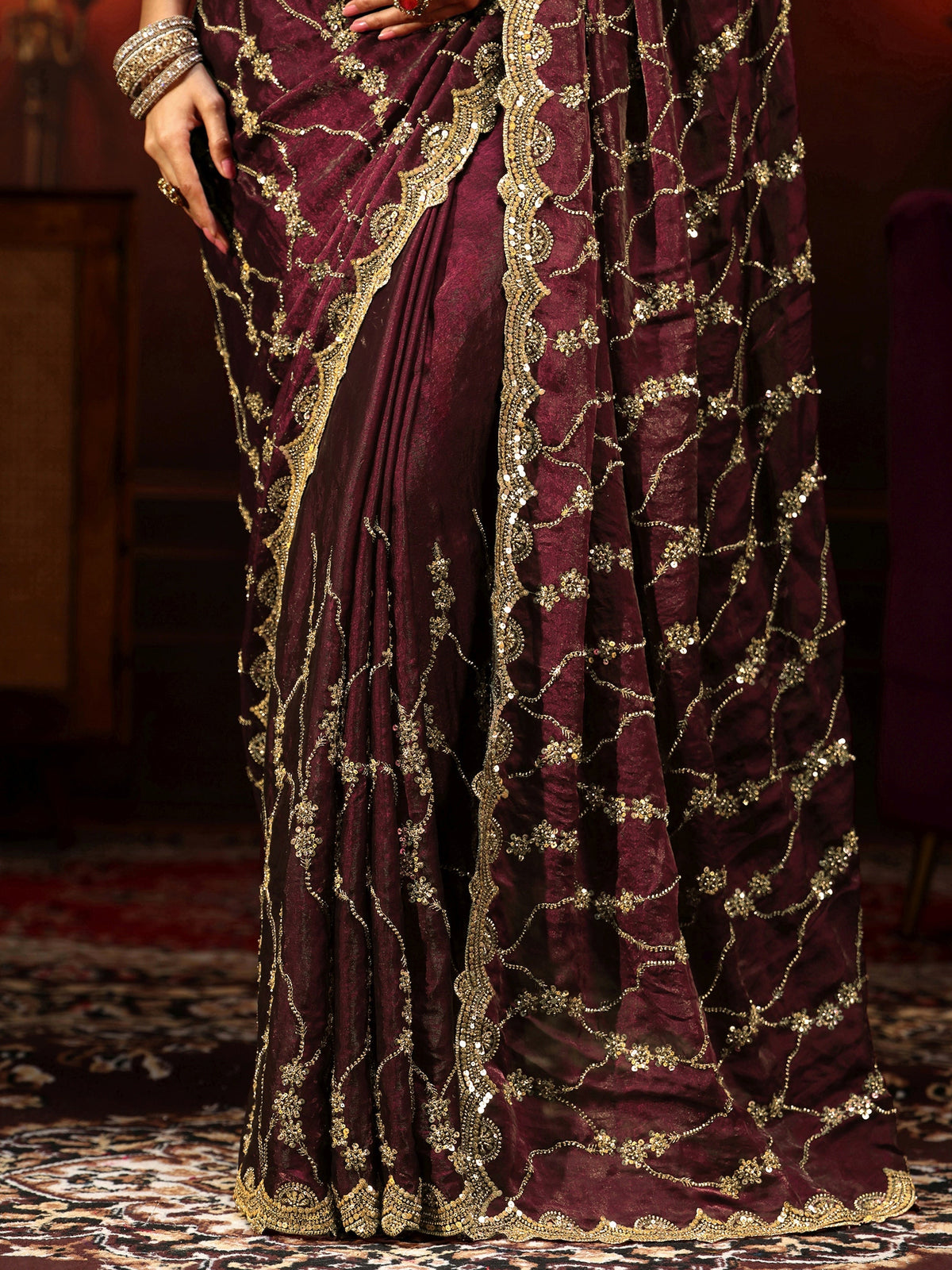 Anouk Art Maroon Embellished Tissue Saree