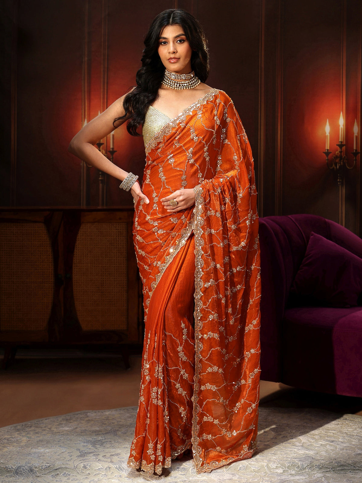 Anouk Art Orange Embellished Tissue Saree