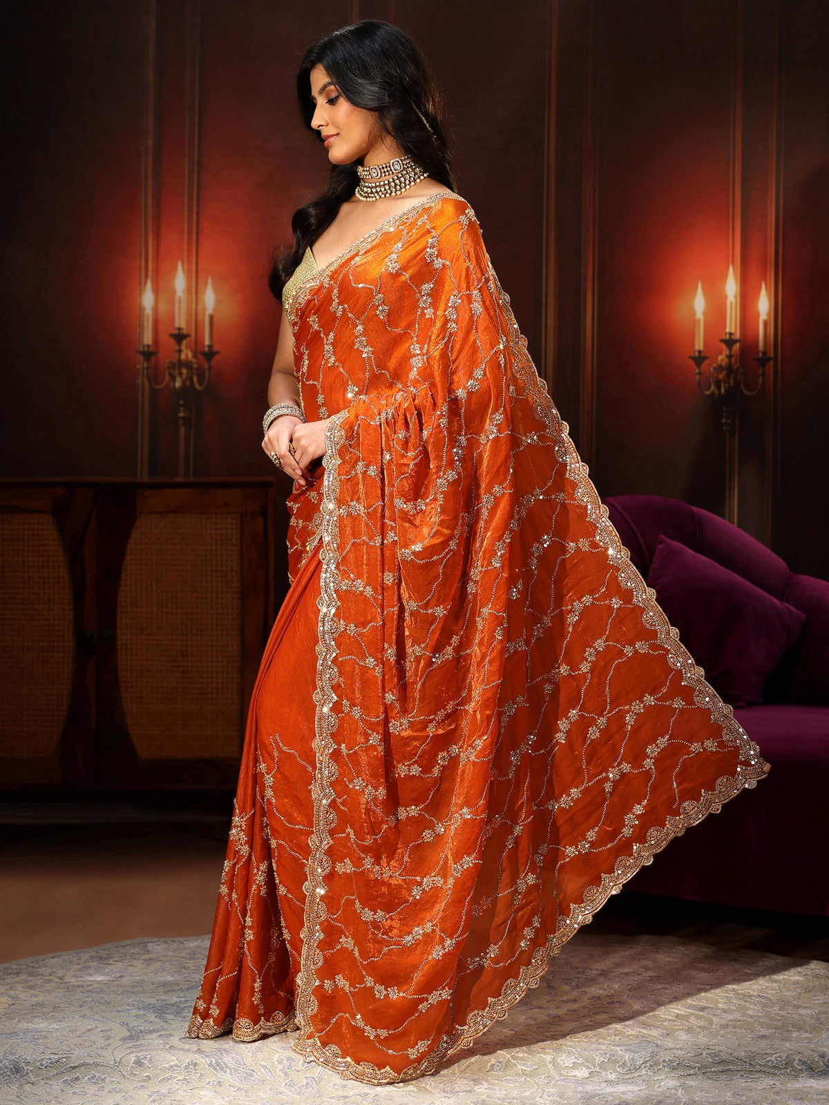 Anouk Art Orange Embellished Tissue Saree