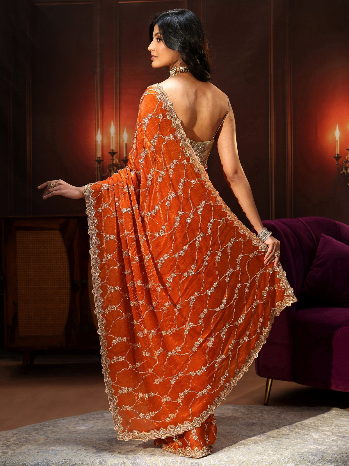 Anouk Art Orange Embellished Tissue Saree