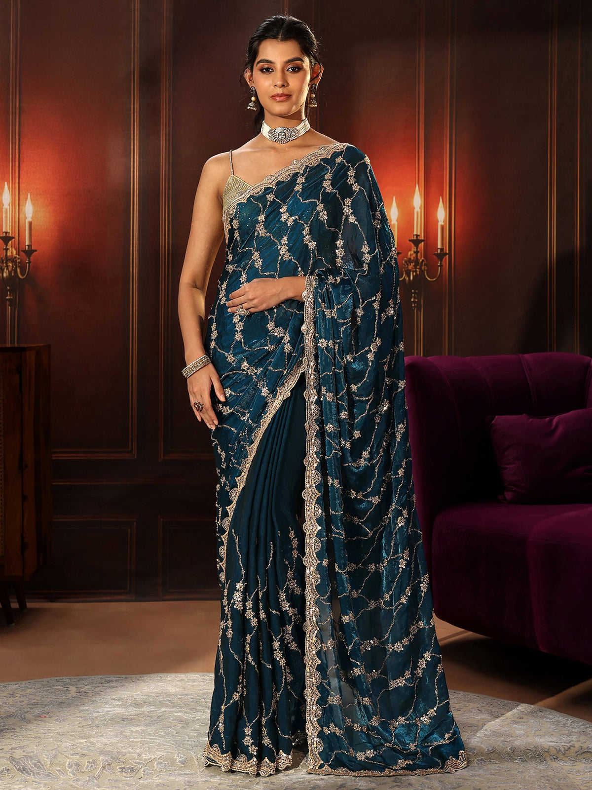 Anouk Art Teal Blue Embellished Tissue Saree