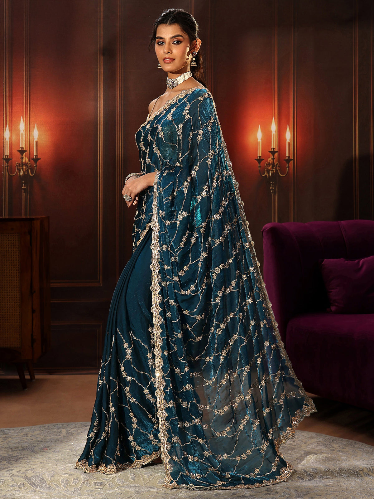 Anouk Art Teal Blue Embellished Tissue Saree