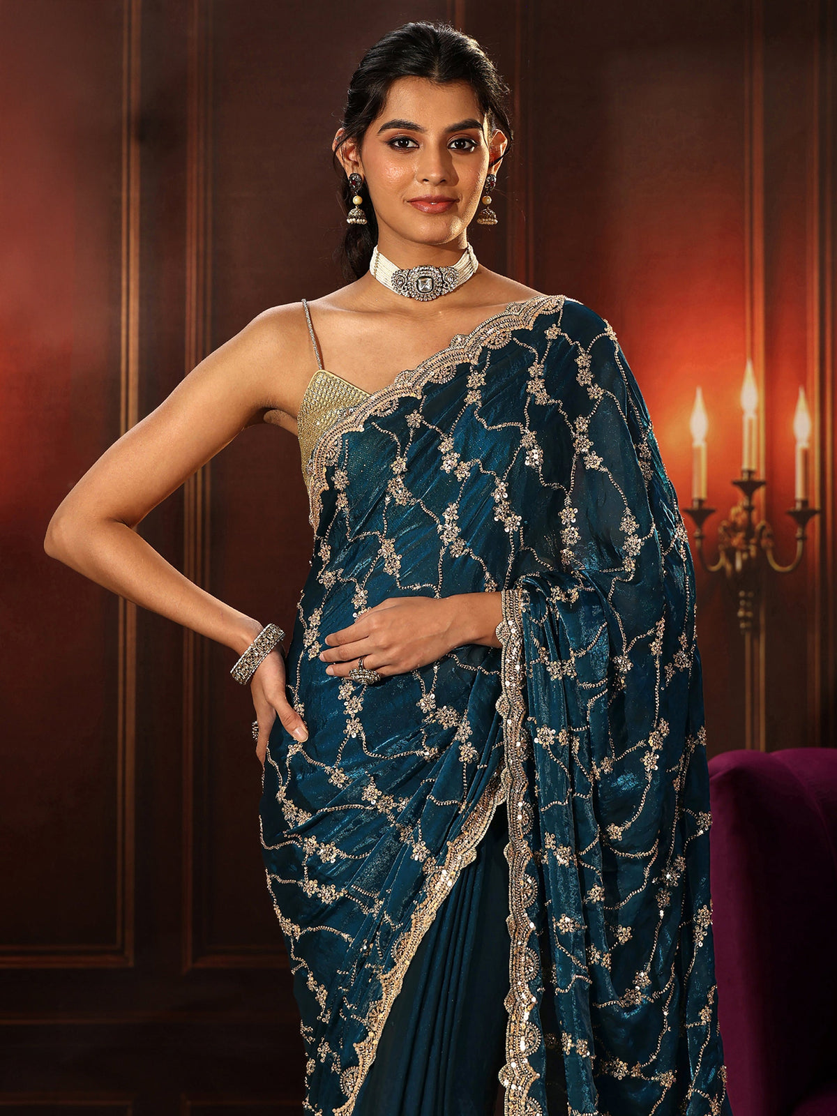 Anouk Art Teal Blue Embellished Tissue Saree