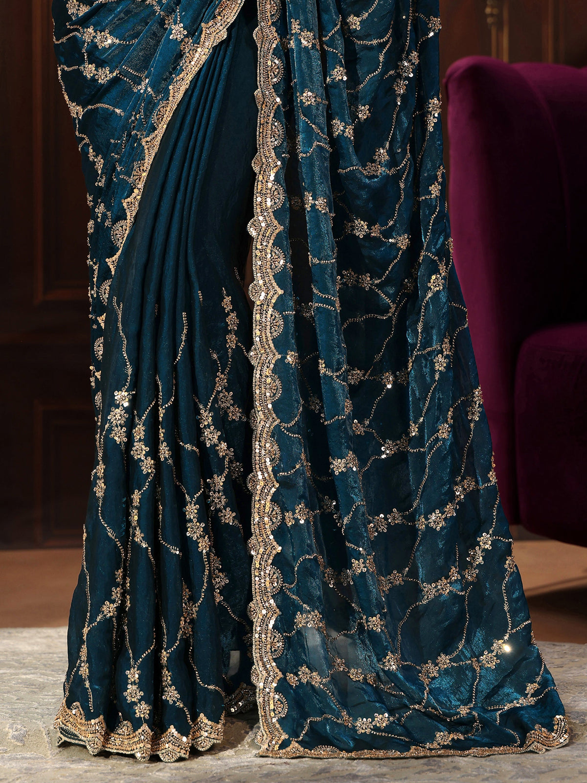 Anouk Art Teal Blue Embellished Tissue Saree