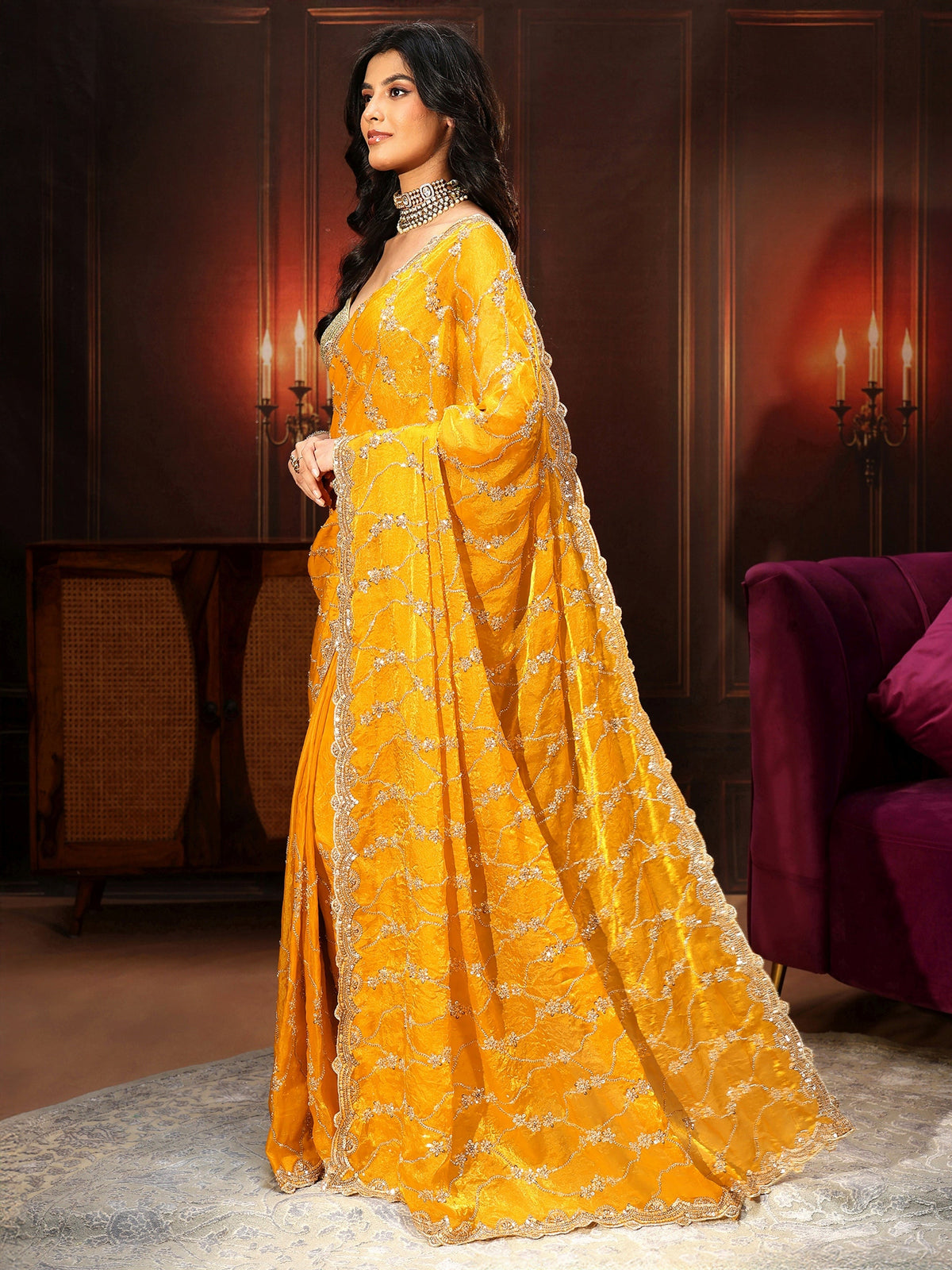 Anouk Art Mustard Embellished Tissue Saree