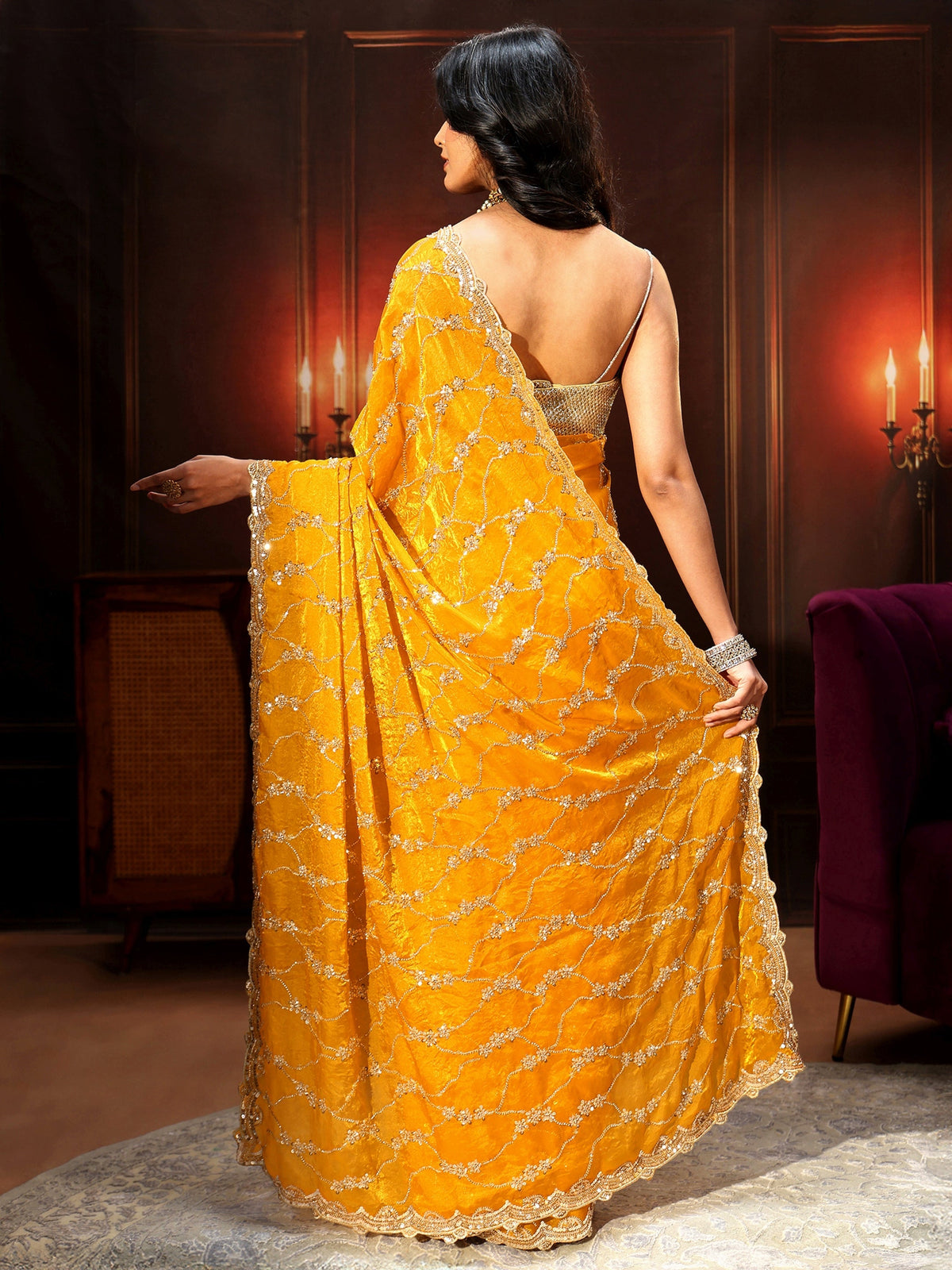Anouk Art Mustard Embellished Tissue Saree