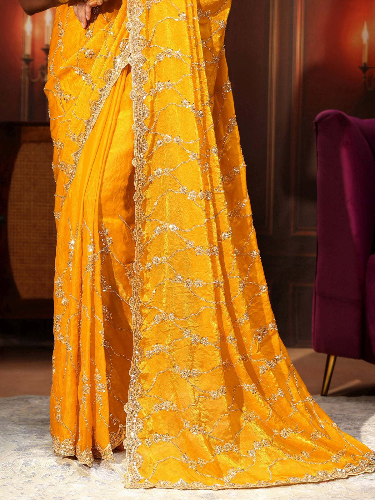 Anouk Art Mustard Embellished Tissue Saree