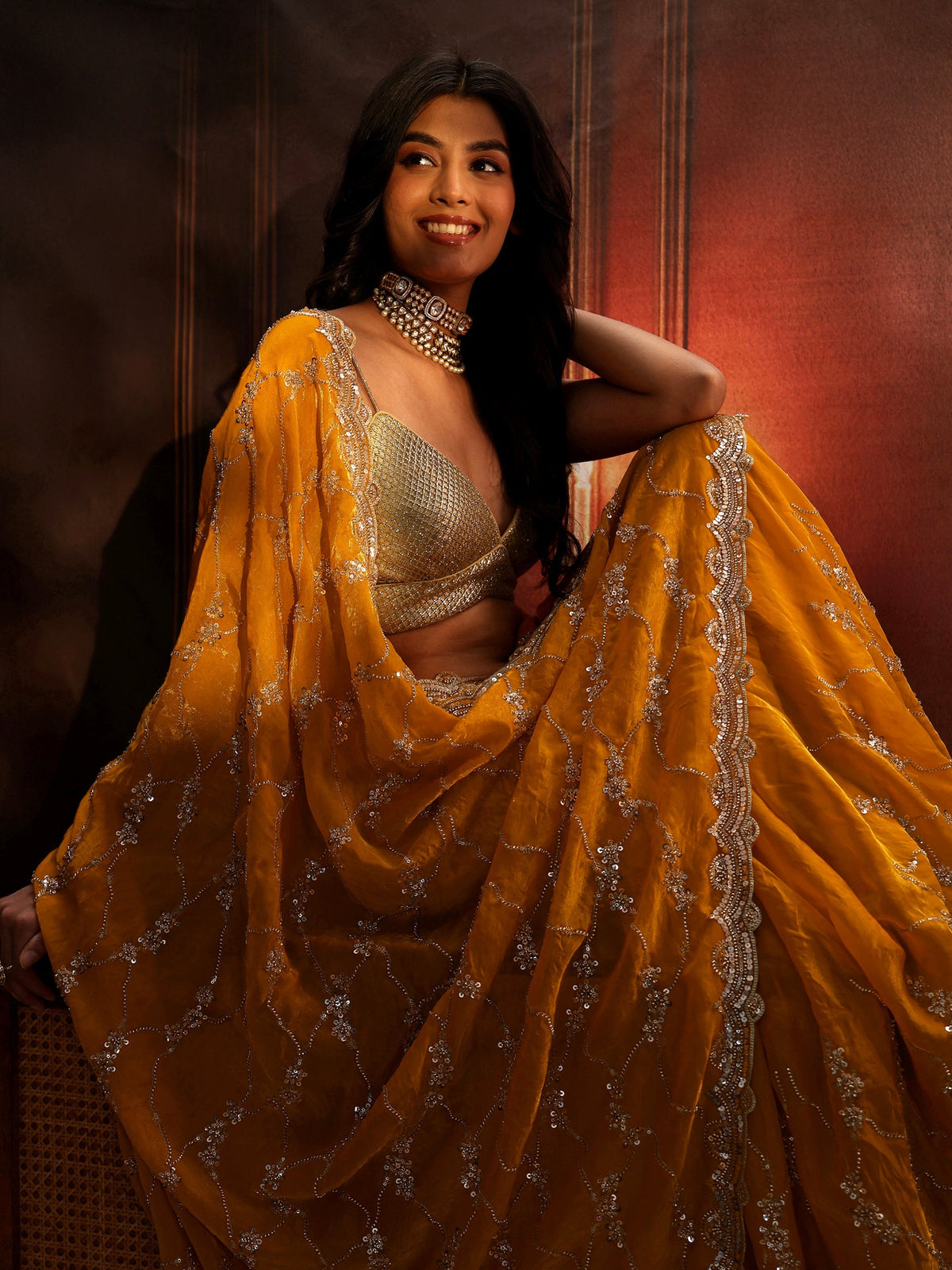 Anouk Art Mustard Embellished Tissue Saree