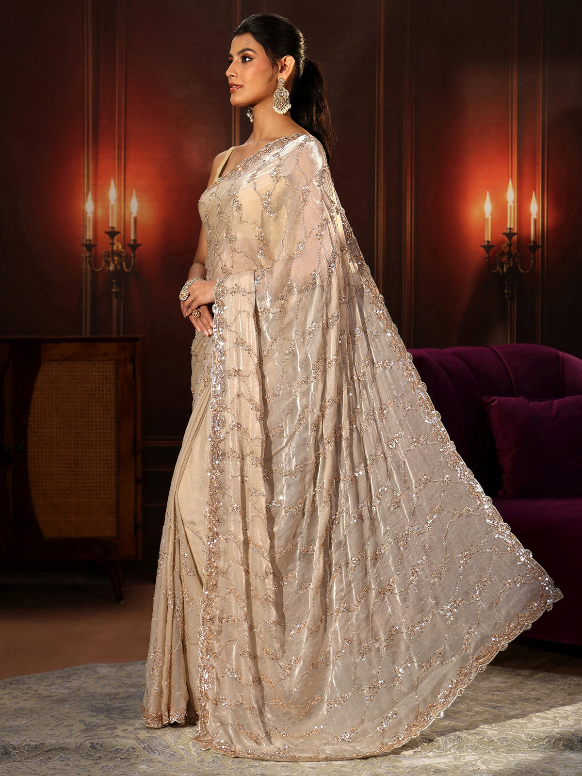 Anouk Art Cream Embellished Tissue Saree
