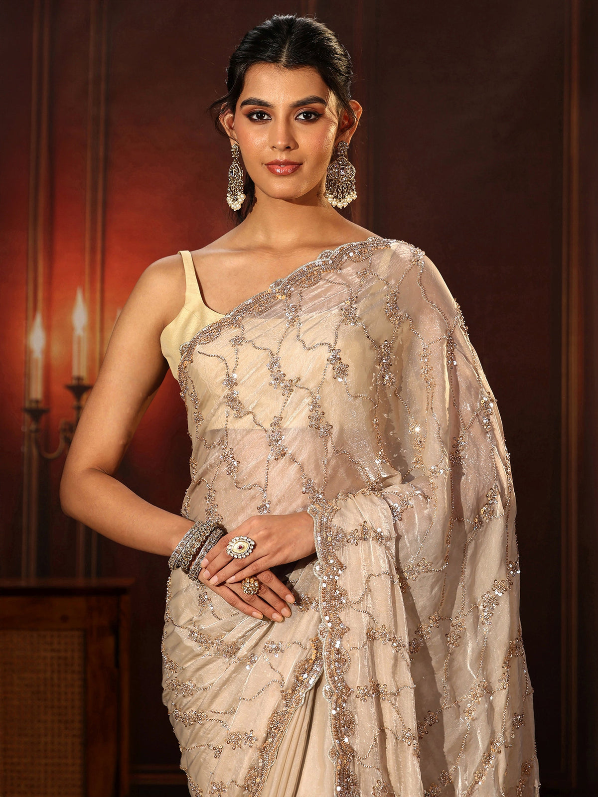 Anouk Art Cream Embellished Tissue Saree
