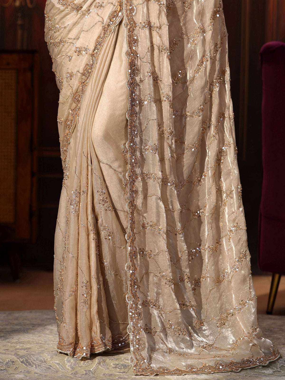 Anouk Art Cream Embellished Tissue Saree
